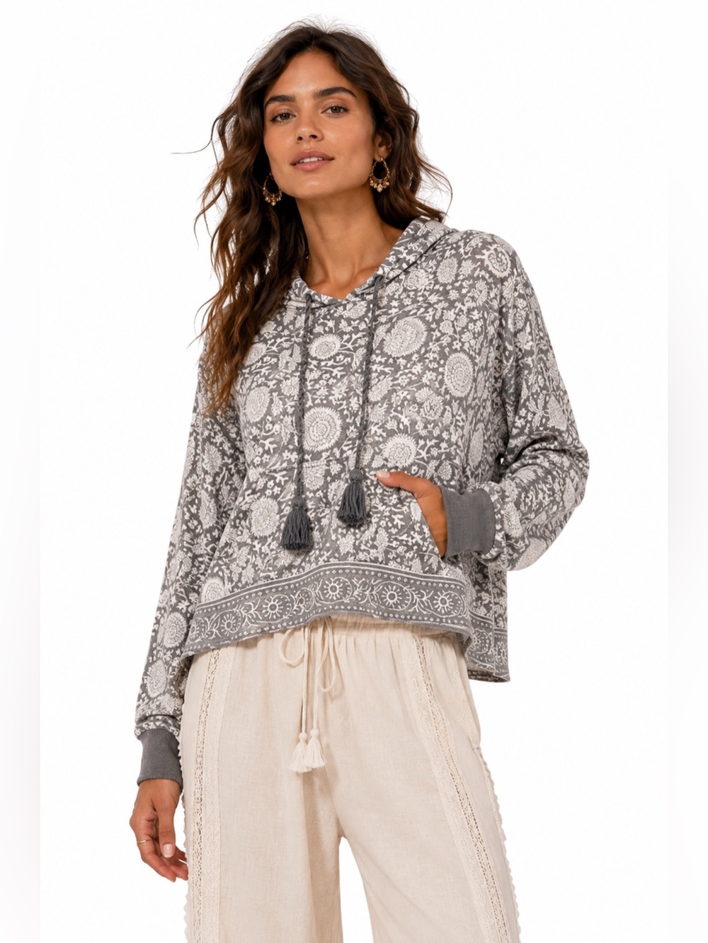 Cleobella Gray Floral Boho Hoodie Pullover Tassel Drawstring Pocket Sweatshirt S